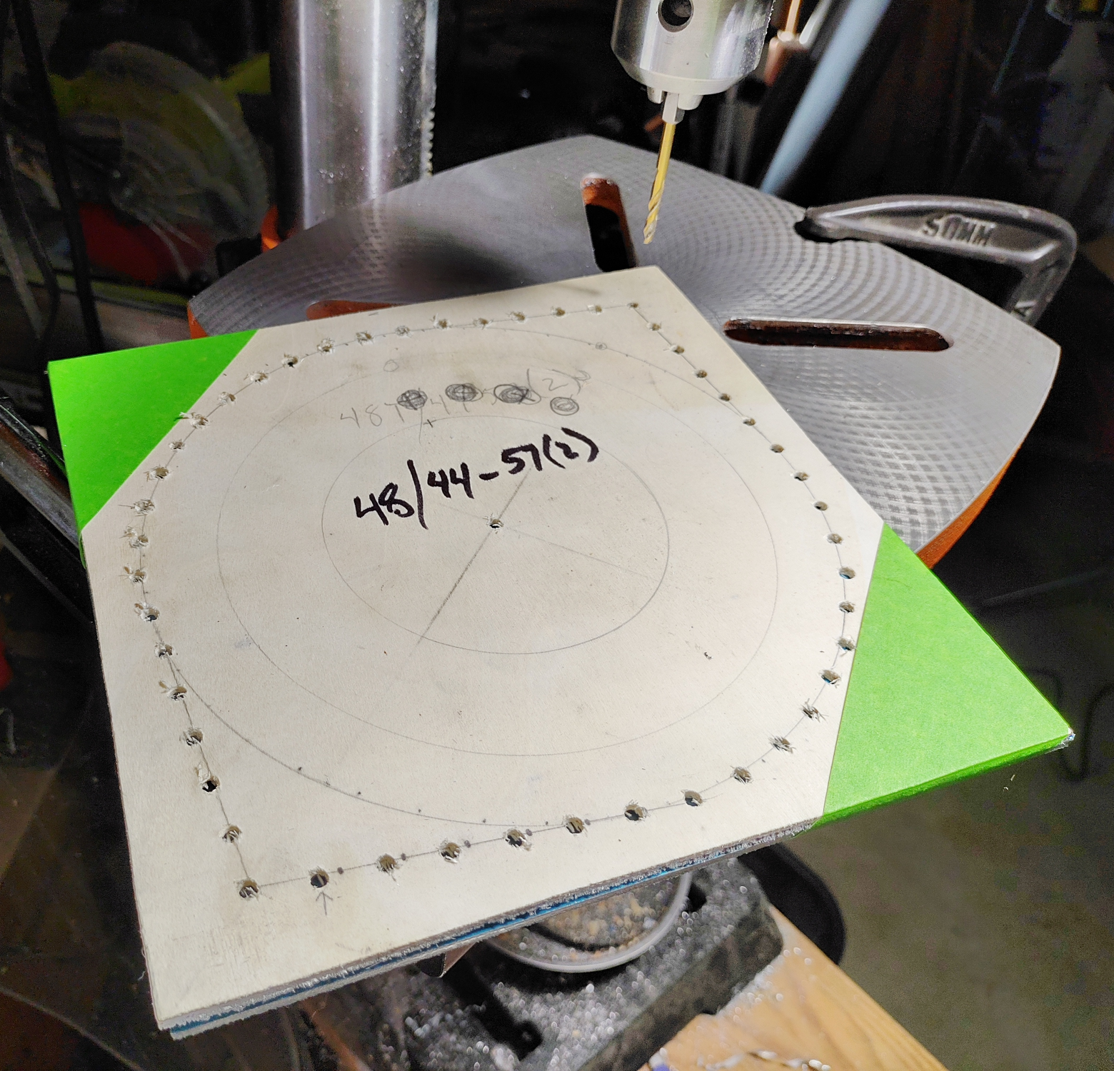  Patern taped to aluminum ready for first pass od drilled holes.